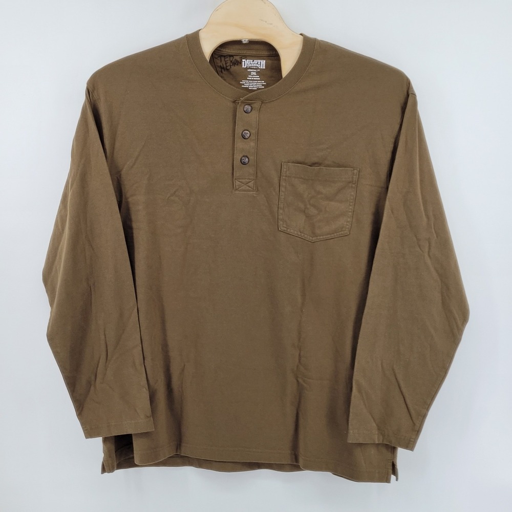 Duluth Trading Co Henley‎ Shirt Mens 2XL Brown Longtail T Pocket Long Sleeve